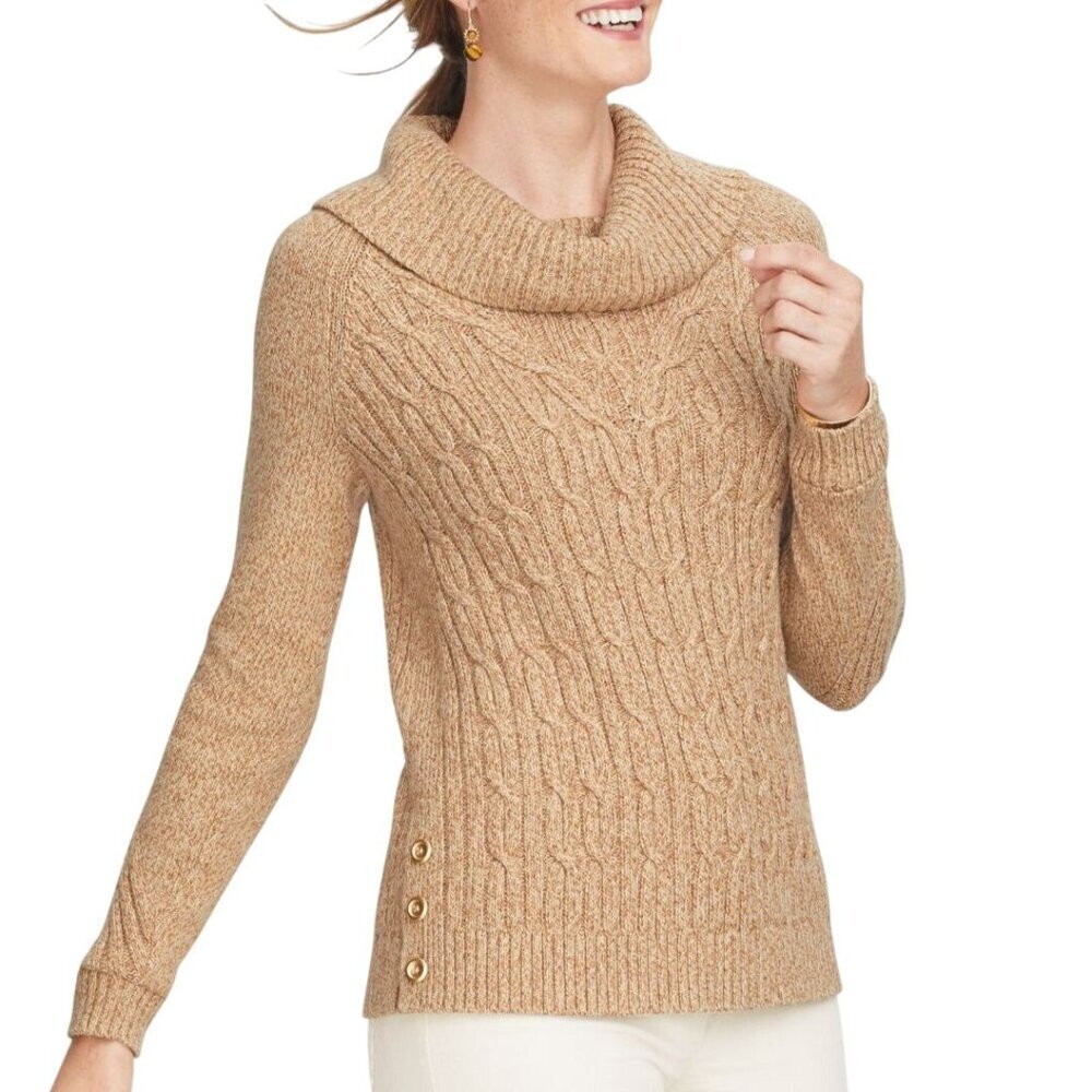 Talbots Cable Cowl Neck Sweater Tan Marled Gold Button Detail Sustainable Size M